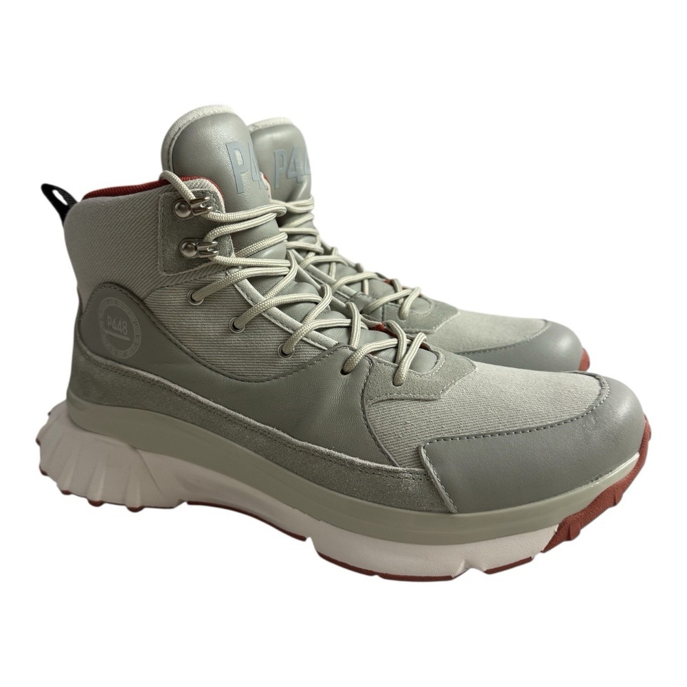 P448 Men's Ankle‎ Boots Grey White Red Lace Up Logo Metal Eyelets EU 44 US 11